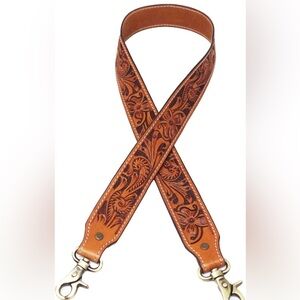 Western Tooled Leather Purse  Strap in Rich Tan with Dark Accents
